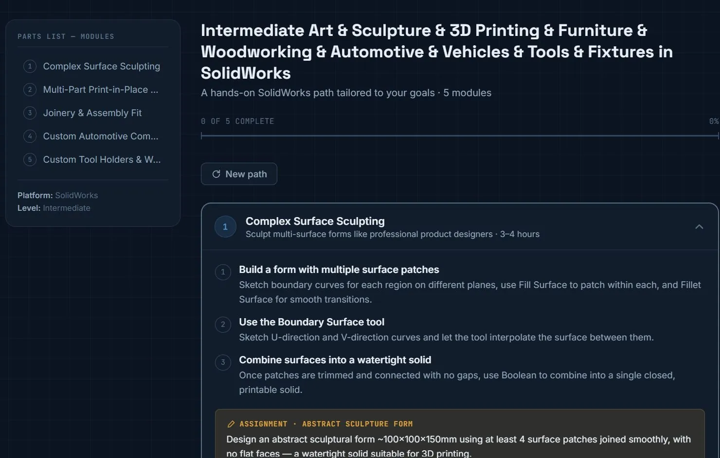 Generated SolidWorks curriculum with five modules, steps and an assignment
