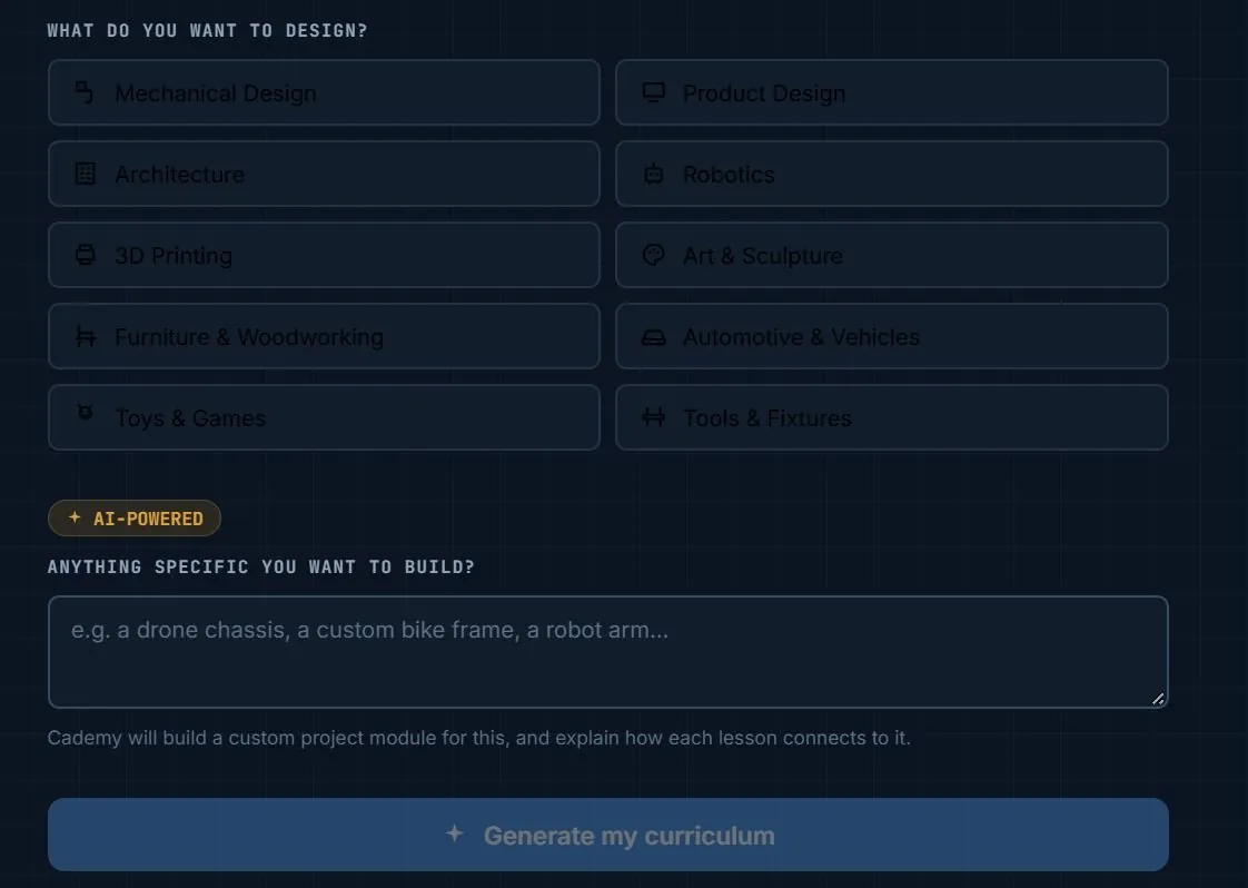 Screen asking what you want to design, with ten categories and a text box for a specific project