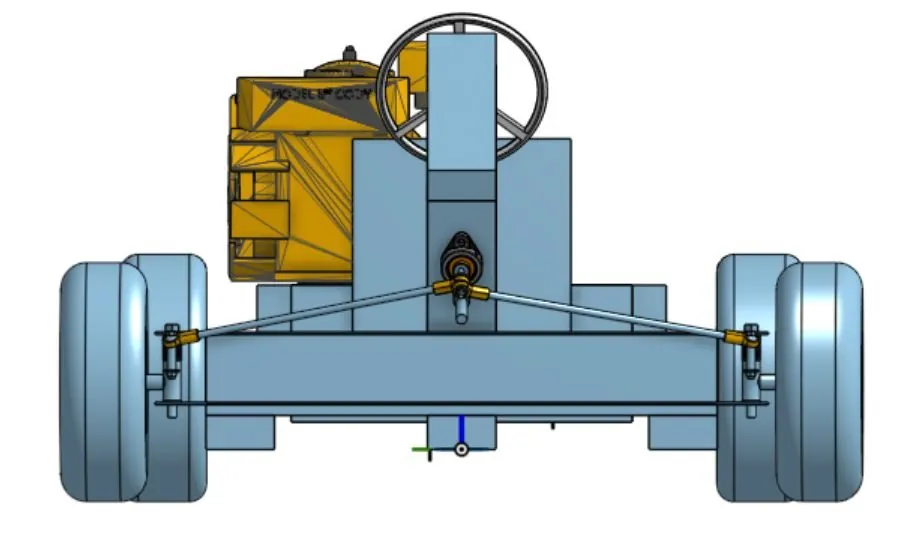 Front view of the CAD model showing the steering tie rods