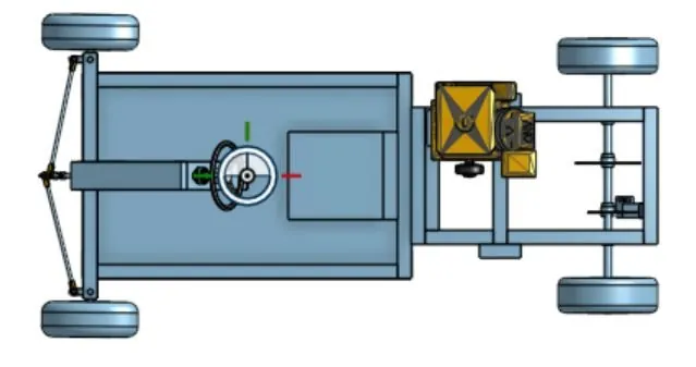 Top view of the CAD model showing frame, steering and rear axle